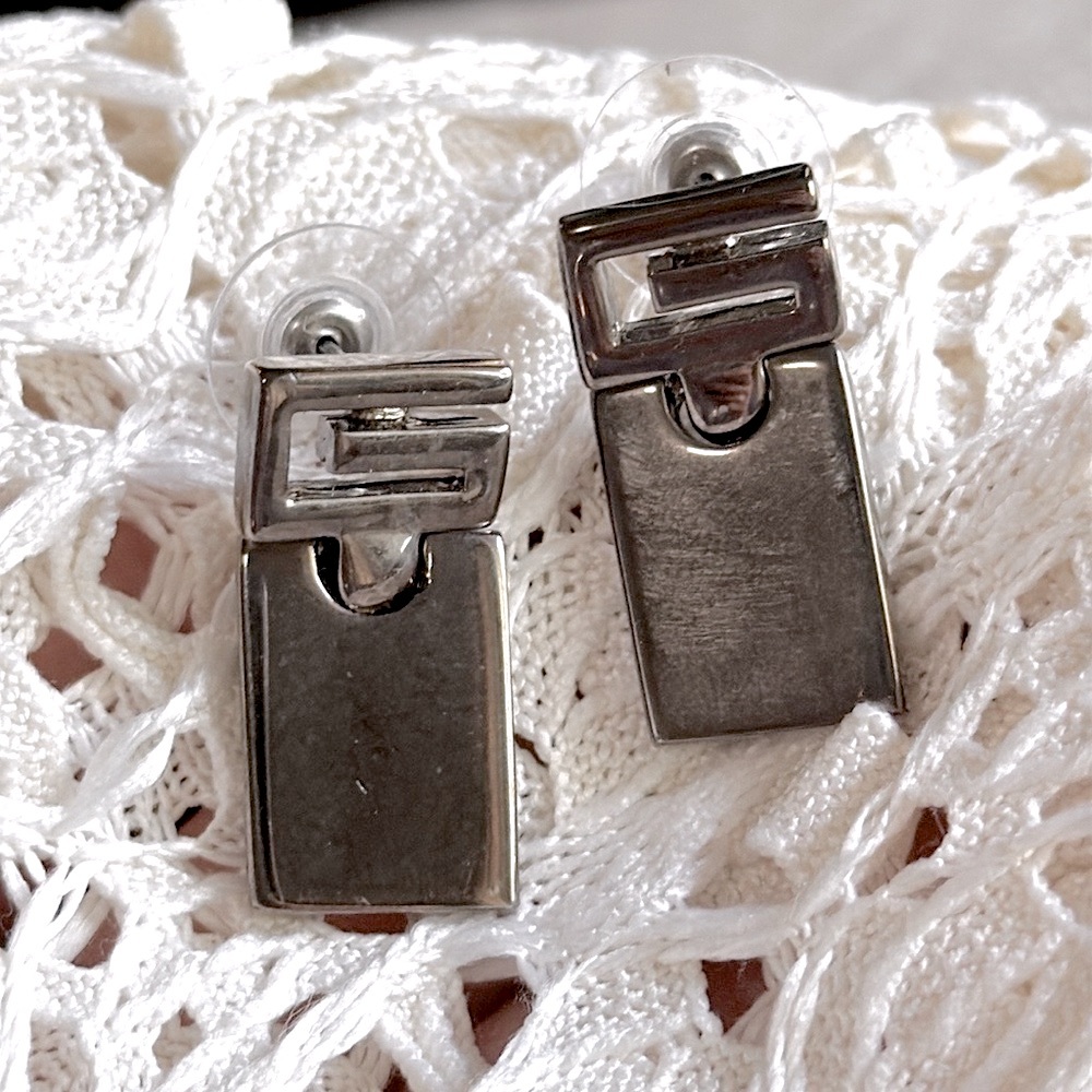 Vintage GIVENCHY “G” Silver Metal Rectangle Earrings Signed